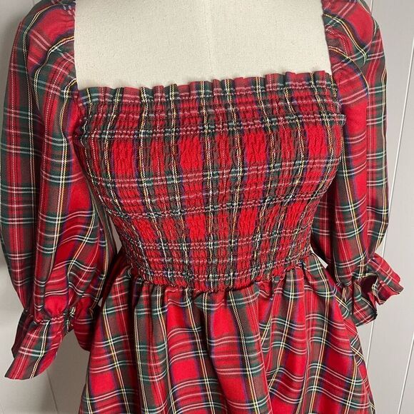 Blue Rain Women XS Red Plaid Ballon Sleeve Baby Doll Mini Dress Peasant Cottage - Picture 2 of 15